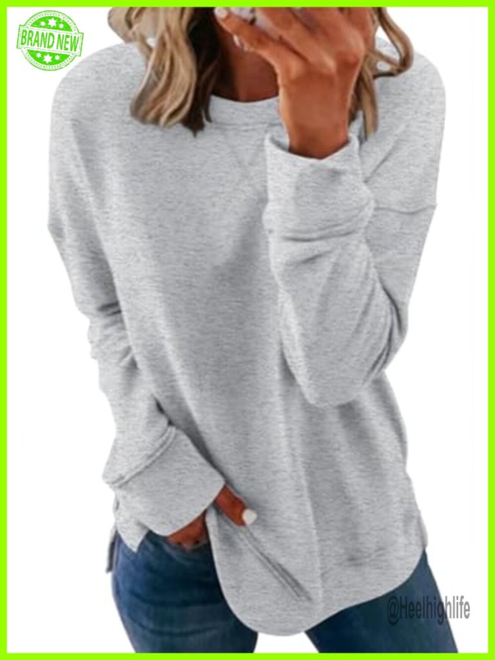 Crewneck Sweatshirt Long Sleeve Side Split Tunic Relaxed Fit Soft Pullover